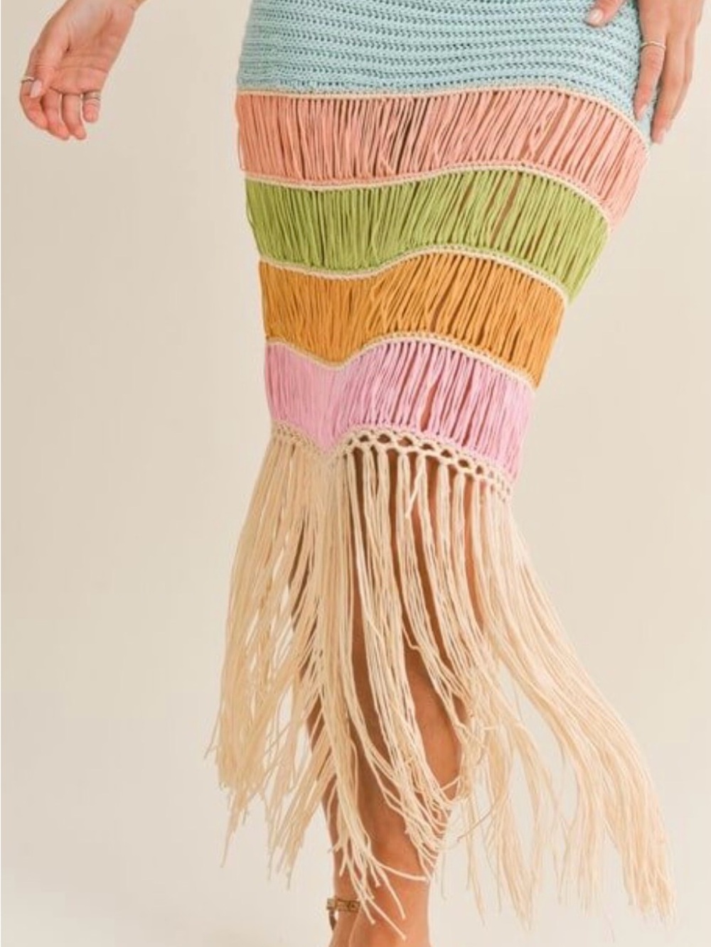 Crochet Fringed Striped Knit Midi Dress in Multicolor - Picture 3 of 10